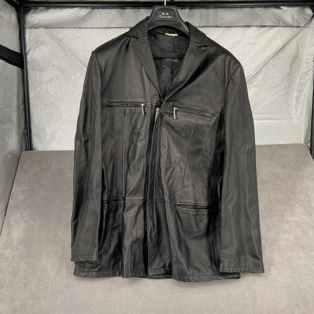 VTG Versace Classic V2 Leather Blazer Coat Sz XL Notch Lapel Snap Inside Zip
